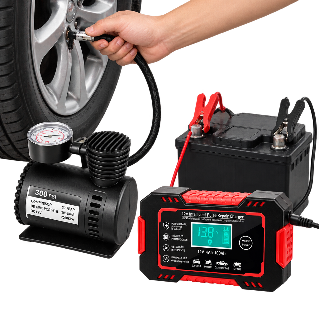 Combo Compresor aire + Cargador bateria